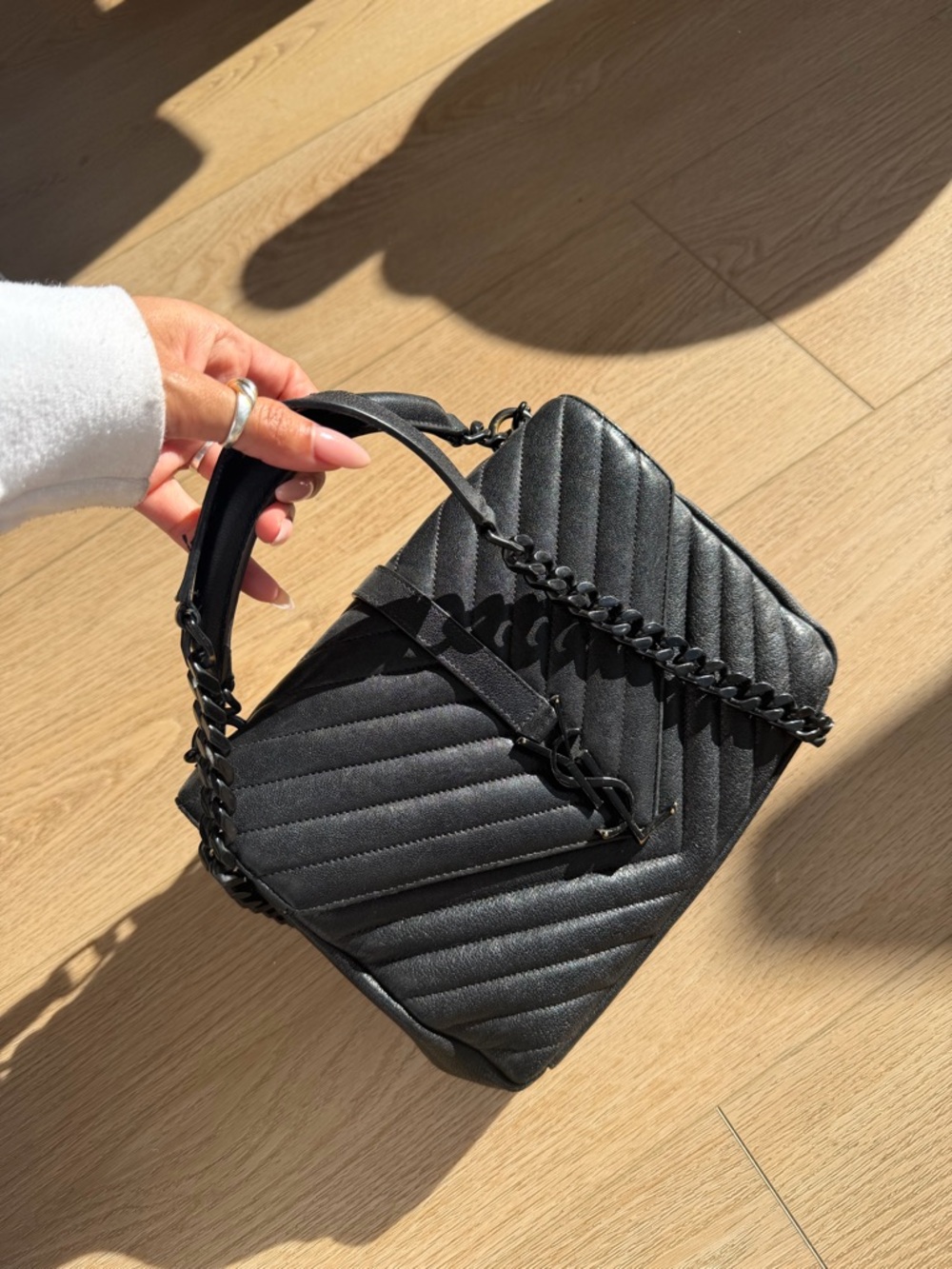 Saint Laurent College Medium Bag – Black Chevron Leather, Top Handle + Chain